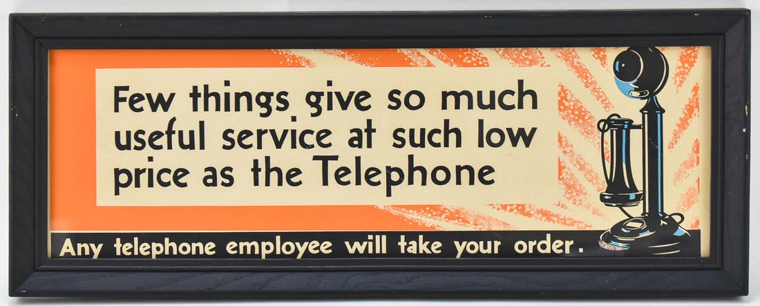 FRAMED VINTAGE TELEPHONE SERVICE ADVERTISING PRINT: A framed vintage telephone service advertising print measuring 8" H x 20" W x 0.75" D.