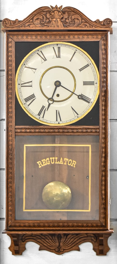 W.H. GILBERT CLOCK COMPANY OAK REGULATOR WALL CLOCK (1 of 3)