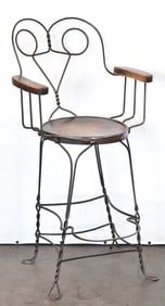 LATE 19TH TO EARLY 20TH CENTURY WROUGHT-IRON ICE CREAM PARLOR CHAIR WITH ARMS & FOOTREST