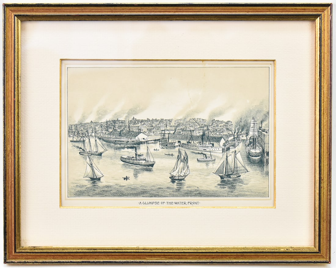 'A GLIMPSE OF THE WATER FRONT' SEATTLE, WA TINTED LITHOGRAPH: Tinted lithographic print "A Glimpse of the Water Front" from the West Short of Seattle, WA by Frances Flora Bond Palmer for Nathaniel Currier, circa 1880s, published in Portland, as noted on the vers