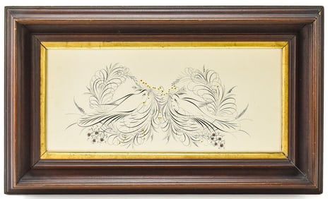 FRAMED SPENCERIAN PENMANSHIP ART BIRDS