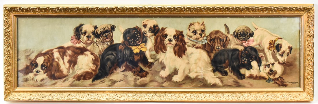 'DOG SHOW PRIZE WINNERS' YARD-LONG LITHOGRAPH BY CL VAN VREDENBURGH: Lithographic yard-long print on paper by listed artist, CL Van Vredenburgh featuring a group of dog show prize winners. Art measures 8.5" H x 34" W presented in a frame measuring 11.5" H x 37" W x 1.5