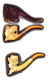 TWO 19TH CENTURY FIGURAL MEERSCHAUM ESTATE PIPES; BUSTS OF WOMEN