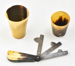 19TH CENTURY SCOTTISH COW HORN CUPS & A G.GREGORY BLOODLETTING FLEAM TOOL