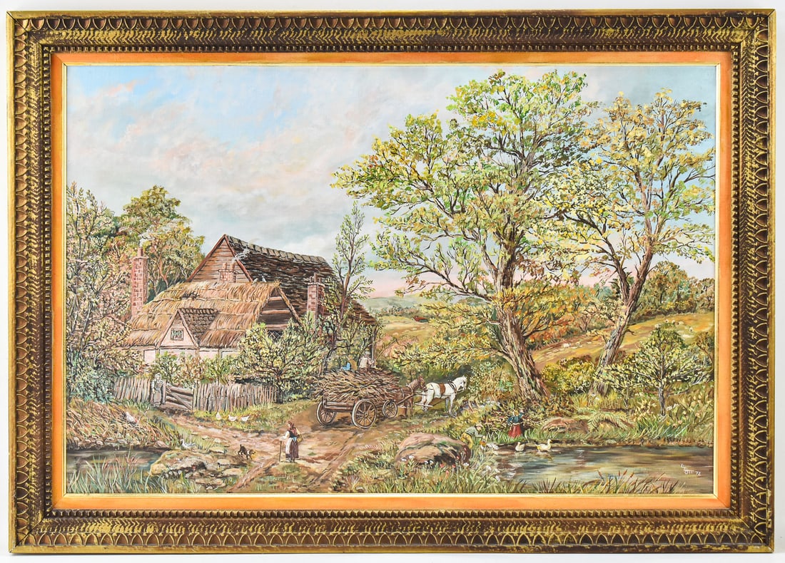 LE OTT 'HOMESTEAD COTTAGE' OIL PAINTING: Original oil painting on canvas by artist, LE Ott, signed lower right. Features a homestead cottage scene. Art measures 24" H x 36" W presented in a frame measuring 29.5" H x 41.5" W.