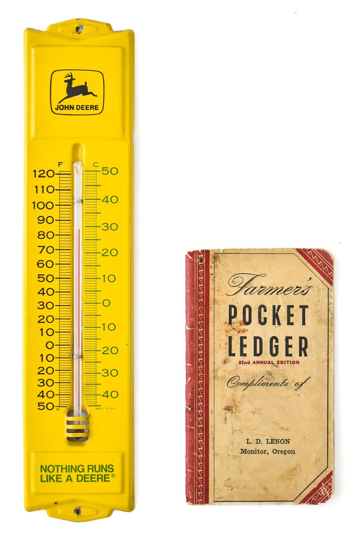 JOHN DEERE ADVERTISING THERMOMETER & FARMER'S POCKET LEDGER (1 of 3)