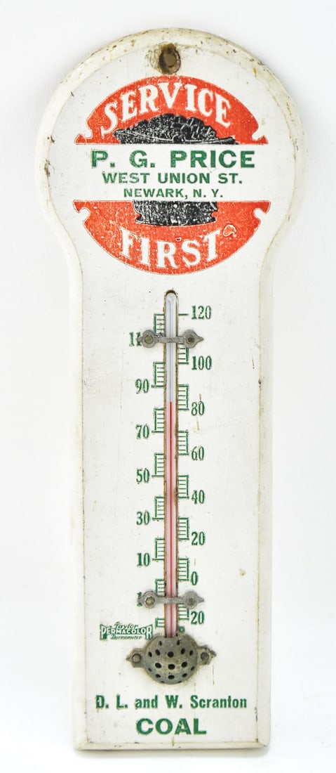 D.L. & W. SCRANTON - P.G. PRICE 'SERVICE FIRST' ADVERTISEMENT THERMOMETER: A D.L. & W. Scranton - P.G. Price "Service First" coal advertisement thermometer, circa early 20th century. The item measures 10.5" H x 4" W x 1" D.