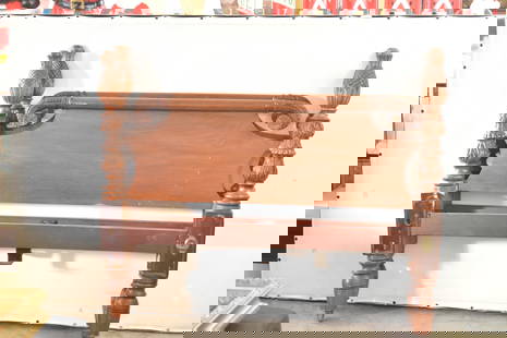 CARVED MAHOGANY BED FRAME: Mahogany headboard and footboard with carved pineapple posts and leaf and sunflower details. This lot includes bed rails.      The dimensions are 49.5&quot; H x 58&quot; W x 4.5&quot; D.