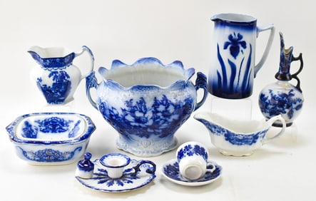 19TH C. STAFFORDSHIRE & ASSORTED ENGLISH FLOW-BLUE CHINOISERIE TABLEWARE
