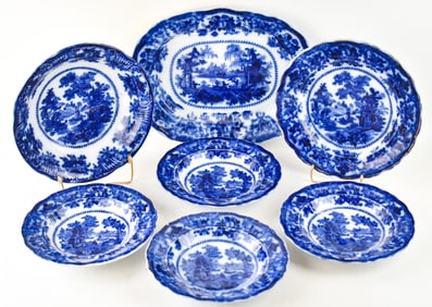 W. ADAMS & CO. FLOW-BLUE CHINOISERIE 'FAIRY VILLAS' IRONSTONE TABLEWARE