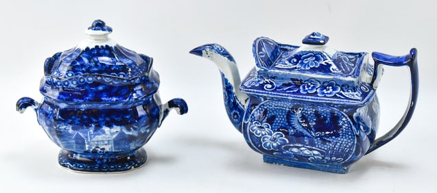 19TH C. EARLY STAFFORDSHIRE CHINOISERIE SUGAR BOWL & TEAPOT