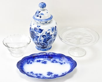 ASSORTED GLASS & FLOW-BLUE TABLEWARE