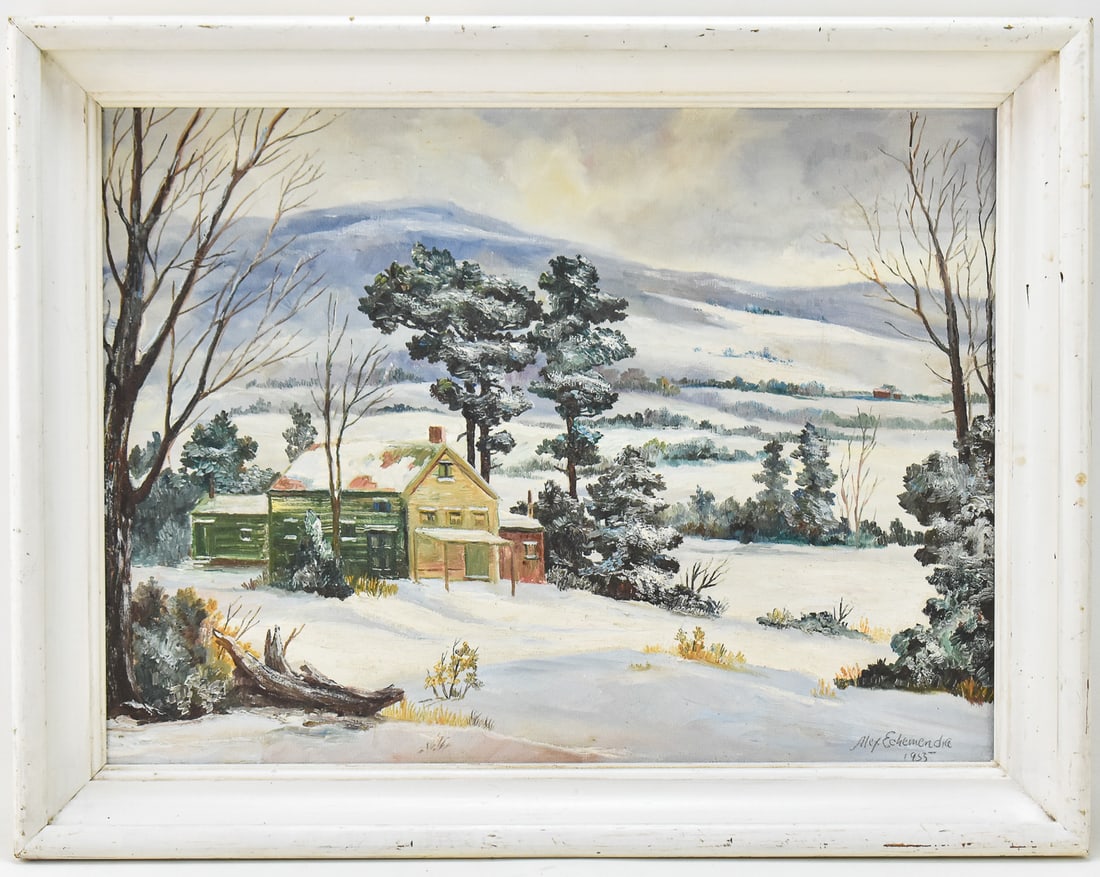 ALEX ECHEMENDIA WINTER LANDSCAPE OIL PAINTING: Original winter landscape oil painting on board by listed artist, Alex Echemendia, lower right and dated 1955. Art measures 17" H x 23" W presented in a frame measuring 22" H x 28" W X 2" D.
