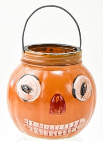 HALLOWEEN PAINTED GLASS PUMPKIN CANDY CONTAINER