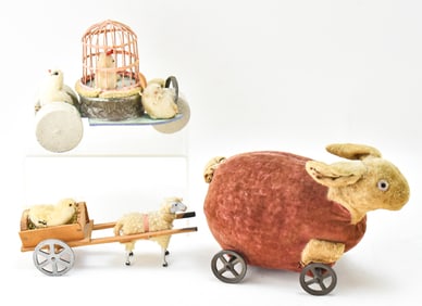 VINTAGE GERMAN PUTZ SHEEP CANDY CONTAINER CART, RABBIT PLUSH CART, & A PULL CART SQUEAK TOY