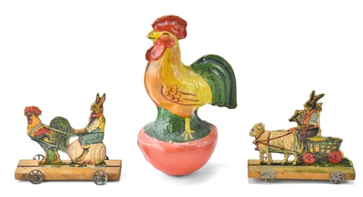 GERMAN EASTER RABBIT PULL CART TOYS & A SCHOENHUT ROOSTER ROLY POLY