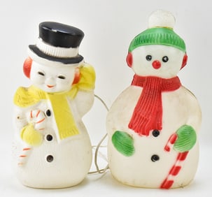 TWO VINTAGE BLOW MOLD SNOWMEN