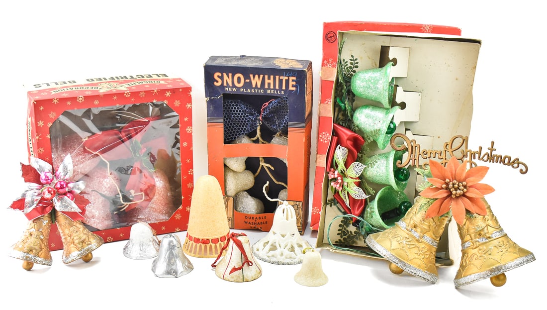 COLLECTION OF RINGALITE BELLS IN ORIGINAL BOXES & MORE: Includes a Ringalite Electrified Bell Set in original box, a Ringalite Illuminated Charm Bells set in original box measuring 17" H x 10.5" W x 4" D, a Sno-White plastic bell set, and assorted loose be