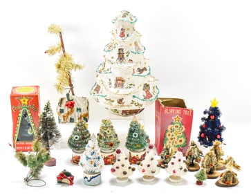 COLLECTION OF BLINKING CHRISTMAS TREES, BOTTLE BRUSH TREES, & MORE