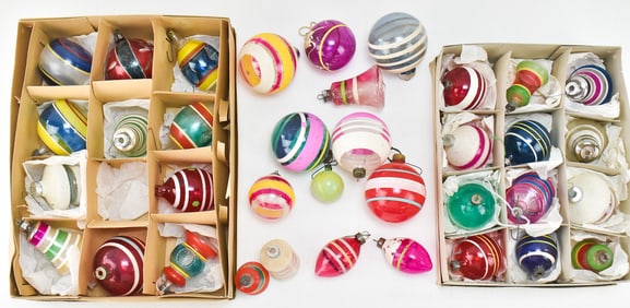 ASSORTED VINTAGE STRIPED CLEAR GLASS ORNAMENTS