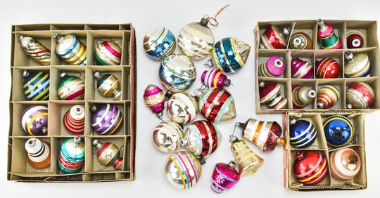 ASSORTED VINTAGE STRIPED GLASS ORNAMENTS & BOXES