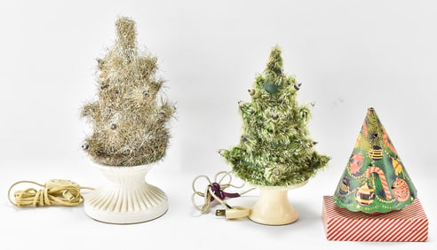 THREE LIGHT-UP ROTARY MINIATURE CHRISTMAS TREES