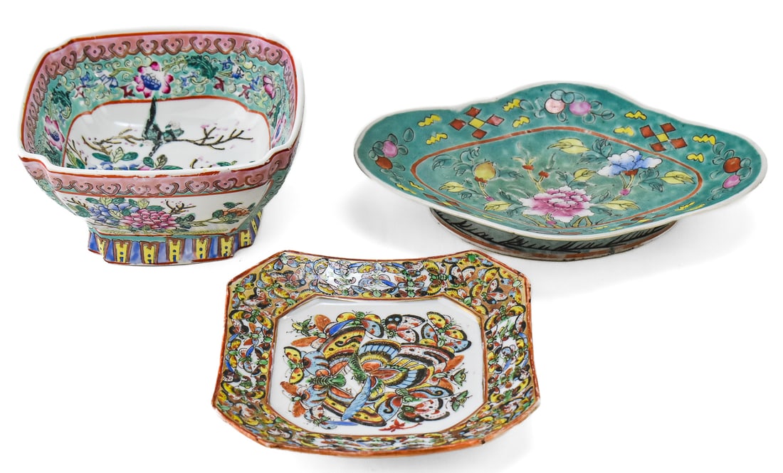 COLLECTION OF 20TH CENTURY CHINESE FAMILLE ROSE PORCELAIN: This lot includes three 20th century Chinese export Famille Rose porcelain pieces, including two square platters and one raised bowl. The larger platter measures 10.25" L x 7" W.