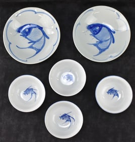BLUE-ON-WHITE ASIAN CARP CERAMIC BOWLS