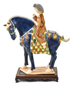 CONTEMPORARY CHINESE CLAY SANCAI WOMAN HORSEBACK RIDER STATUE