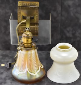 MIDCENTURY BRASS CLIP-ON ELECTRIC LAMP WITH QUEZAL & STEUBEN (ATTR.) LAMPSHADES