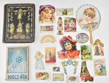 VICTORIAN & VINTAGE MIXED EPHEMERA: SCRAPBOOK, LOOSE DIE-CUTS, A.E. KERN & CO. 'THE BRIDE'S BOOK', &