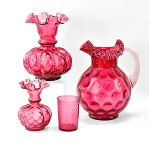 VINTAGE CRANBERRY GLASS: FENTON (ATTR.) MELON VASES & MORE