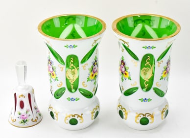 VINTAGE MOSER BOHEMIAN CZECHOSLOVAKIAN VASES & BELL