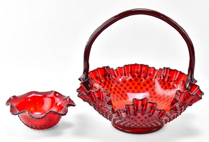 VINTAGE RUBY RED GLASS: FENTON (ATTR.) & NEW MARTINSVILLE