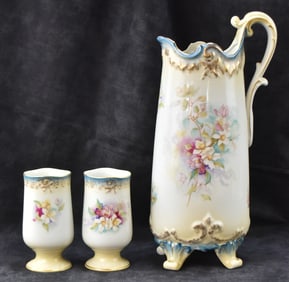 RS SUHL PORCELAIN PITCHER & TWO FOOTED CUPS