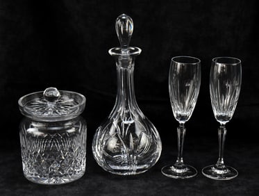WATERFORD (ATTR.) GLASS BISCUIT BOWL, CHAMPAGNE FLUTES, & AN ATLANTIS DECANTER