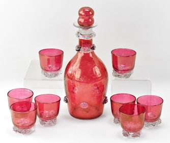 HAND BLOWN CRANBERRY GLASS DECANTER & GLASSES SET