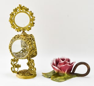 CAPODIMONTE (ATTR.) ROSE CANDLESTICK AND HOLLYWOOD REGENCY PERFUME BOTTLE