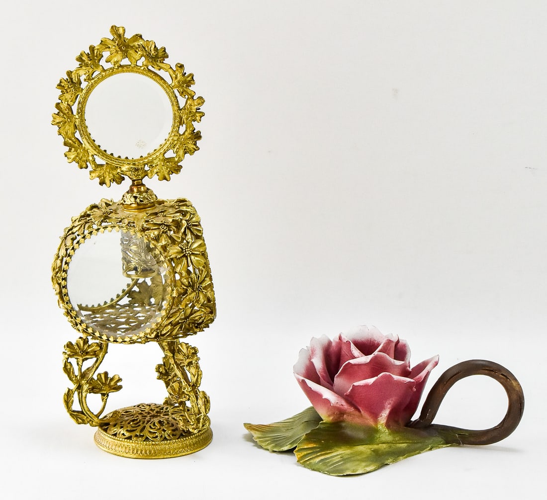 CAPODIMONTE (ATTR.) ROSE CANDLESTICK AND HOLLYWOOD REGENCY PERFUME BOTTLE (1 of 3)