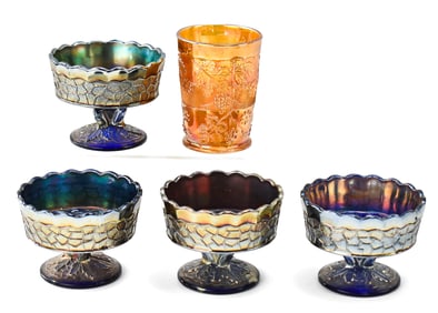 DUGAN CARNIVAL GLASS ASSORTMENT: BLUE MAPLE LEAF BERRY BOWLS AND MARIGOLD FLORAL & GRAPE TUMBLER