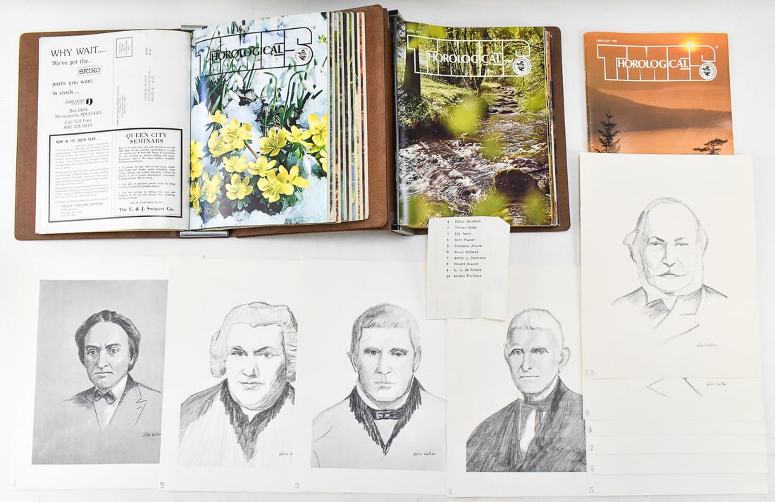 PORTRAIT SKETCHES OF CLOCKMAKERS BY JOHN WALKER & MORE: A series of portrait sketches of clockmakers by John Walker and two binder collections of American Horologic Society journal publications from the 1970s and 1980s. The sketches are of the following cl