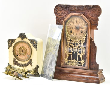 F. KROEBER MANTEL WEDDING CLOCK & WATERBURY OAK MANTEL CLOCK