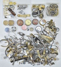LARGE VINTAGE ASSORTMENT OF WATCH REPAIR KITS, TINS, & BANDS: SEIKO, SPEIDEL, WALTHAM, & MORE