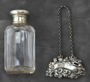 ENGLISH STERLING SILVER PERFUME BOTTLE & STERLING SILVER SHERRY BACCHUS BOTTLE LABEL
