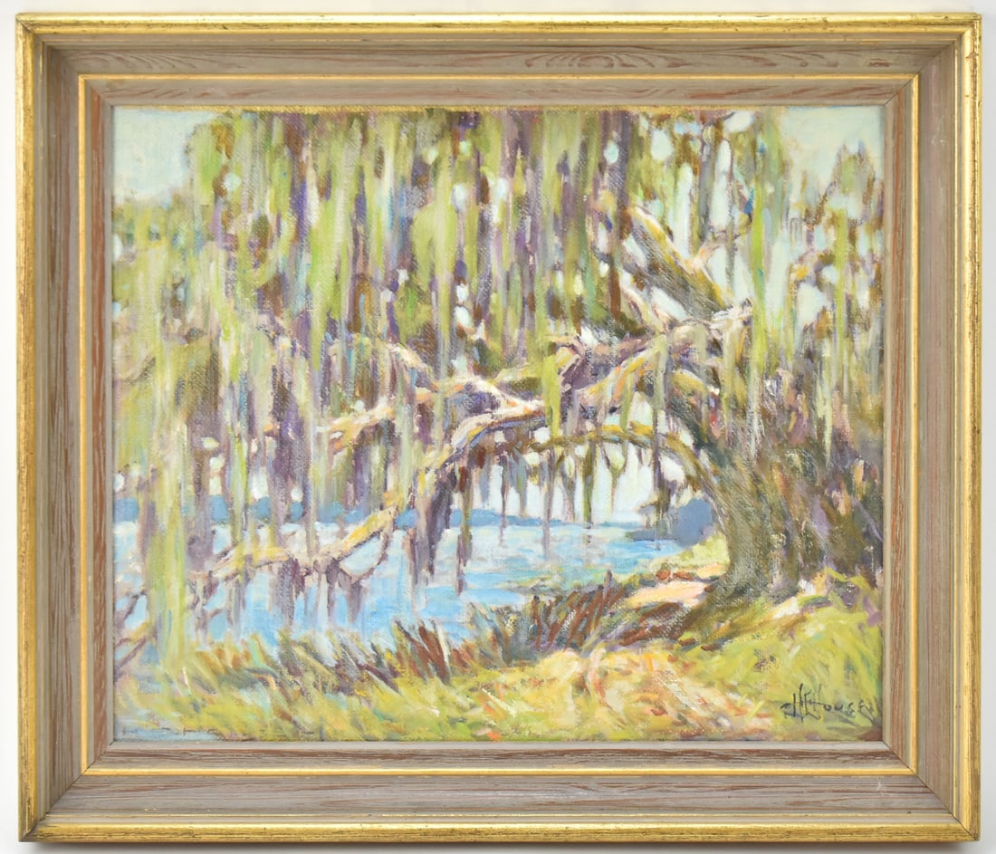 HOWARD HOUSE 'MOSS COVERED TREE ON THE COLUMBIA' OIL PAINTING: Original oil painting on board "Moss Covered Tree on the Columbia" by listed Oregon artist, Howard Elmer House (1877 - 1969), signed lower right. Art measures 13" H x 16" W present