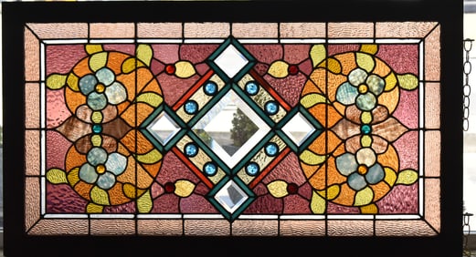 DAVID SCHLICKER STAINED GLASS BLUE FLORAL WINDOW