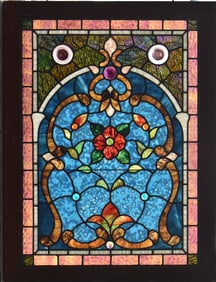 DAVID SCHLICKER STAINED GLASS FLORAL BLUE MOSAIC WINDOW