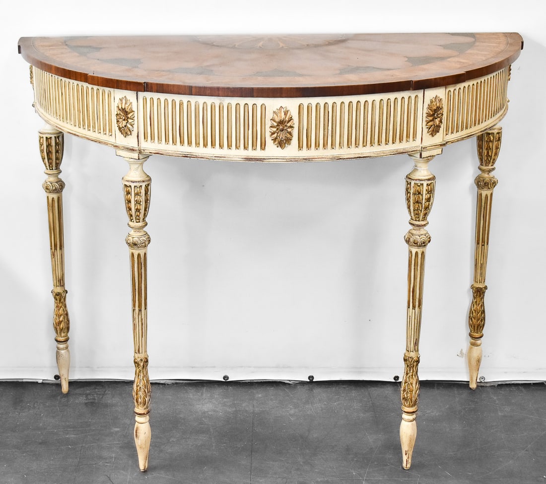 E.J. VICTOR DEMILUNE CONSOLE TABLE: A contemporary E.J. Victor "Adams-style" demilune console table with inlaid satinwood and walnut accents, measuring 33" H x 42.5" W x 21" D.