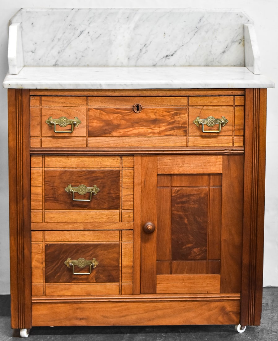 MARBLE-TOP WALNUT WASHSTAND; LATE 19TH CENTURY (1 of 3)