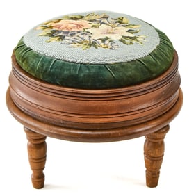 VICTORIAN FLORAL NEEDLEPOINT FOOTSTOOL